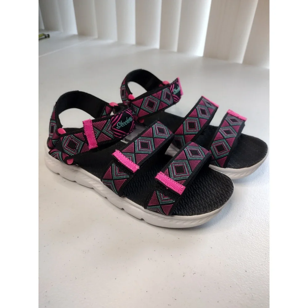 Skechers Black Pink Geo Strap Kids Sandals
